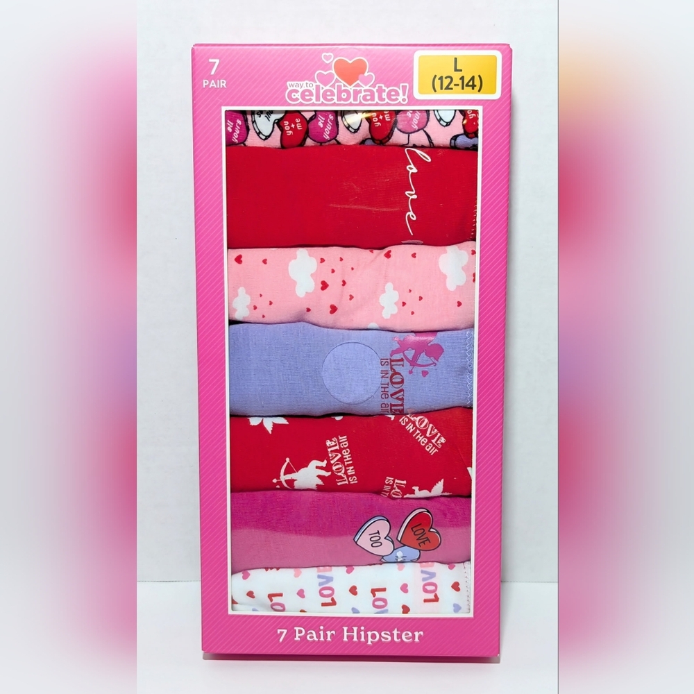 NIP Women's 7-Pair Cotton/Spandex Hipster Panties Size 12/14 Large Love Hearts